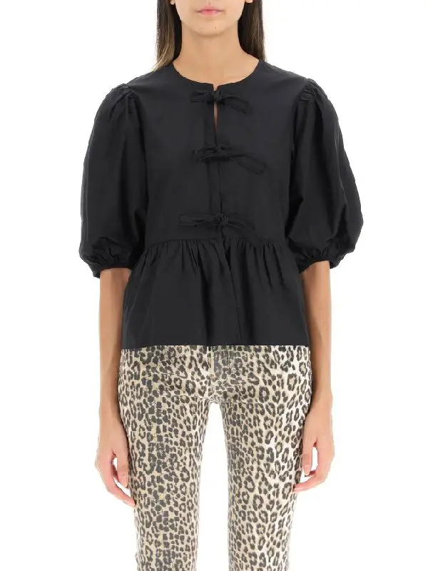 Spring-Summer-Girls-Bow-Tie-up-Peplum-Top-in-Cotton-Puff-Sleeve-Ladies-Black-White-Cute-3