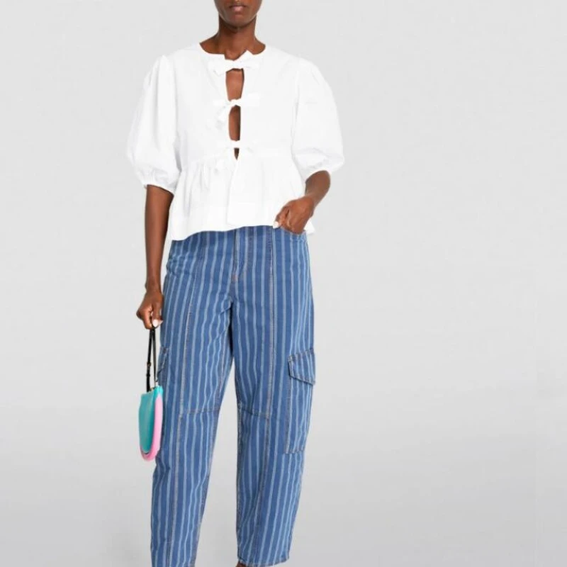 Spring-Summer-Girls-Bow-Tie-up-Peplum-Top-in-Cotton-Puff-Sleeve-Ladies-Black-White-Cute-4