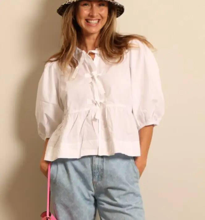 Spring-Summer-Girls-Bow-Tie-up-Peplum-Top-in-Cotton-Puff-Sleeve-Ladies-Black-White-Cute-5